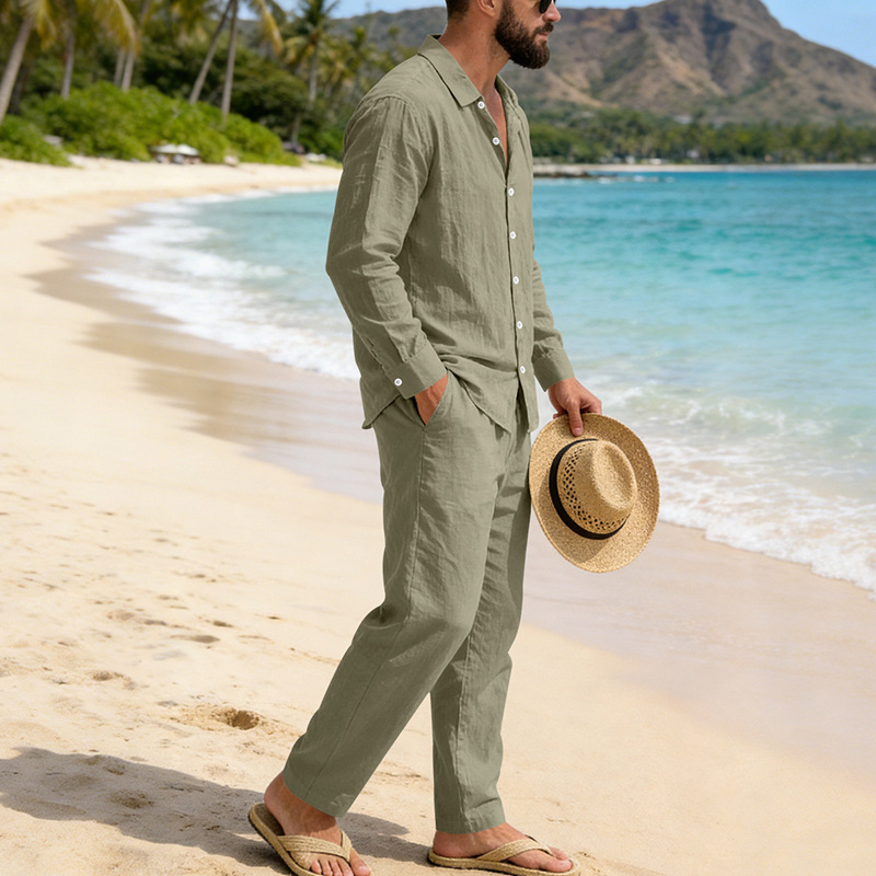 Set camicia in lino da uomo maniche lunghe completo casual mare_voghion.com