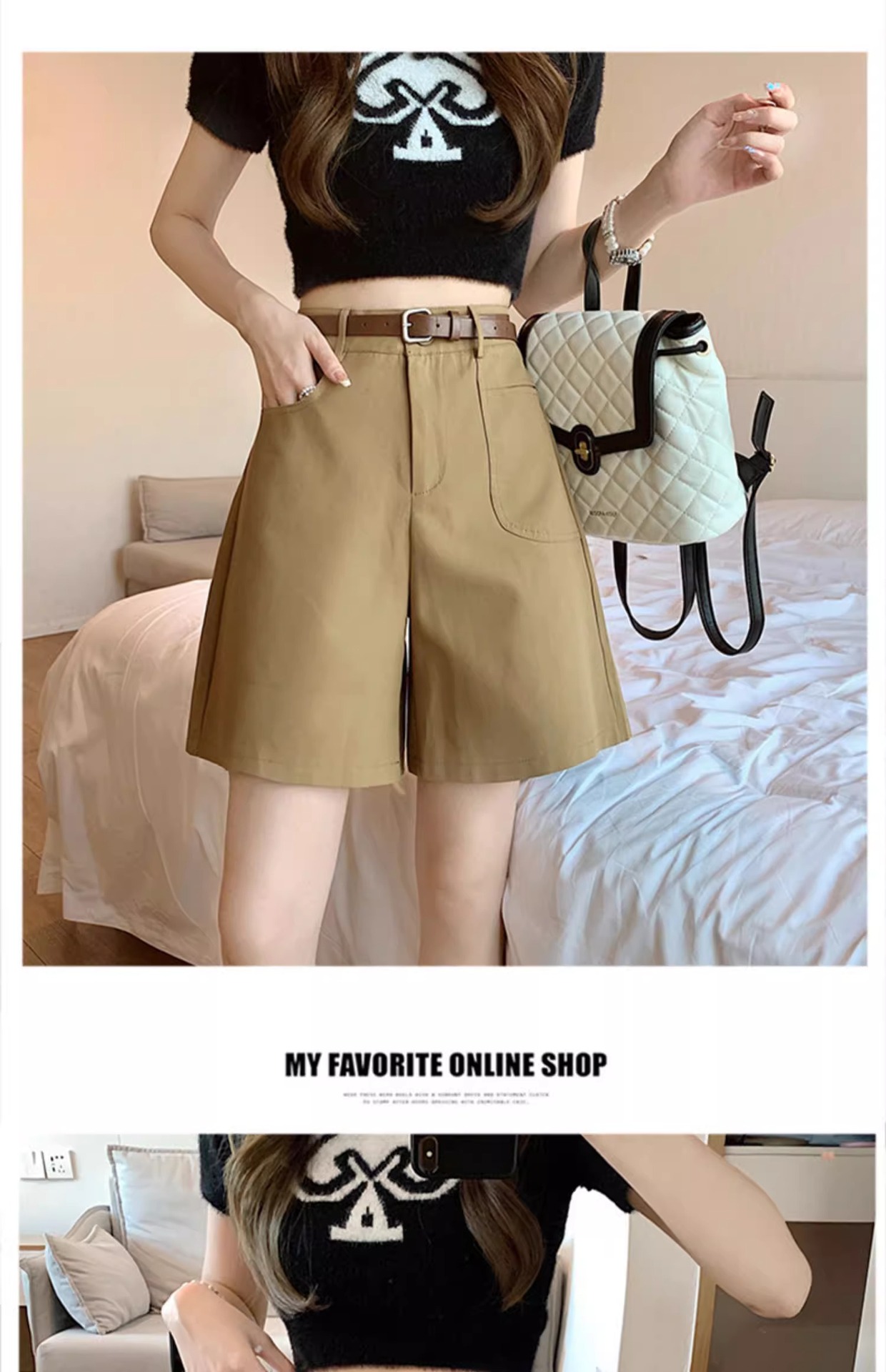 Quần short nữ cạp cao ống rộng dáng suông dài ngang đùi kiểu Hồng Kông — Màu đen chi tiết 20