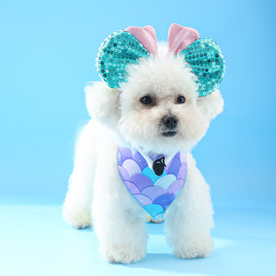 2025 Summer New Mermaid Pearl Pet Headband Beach Three-Color Fish Scale Dog Scarf Manufacturer Ready Stock