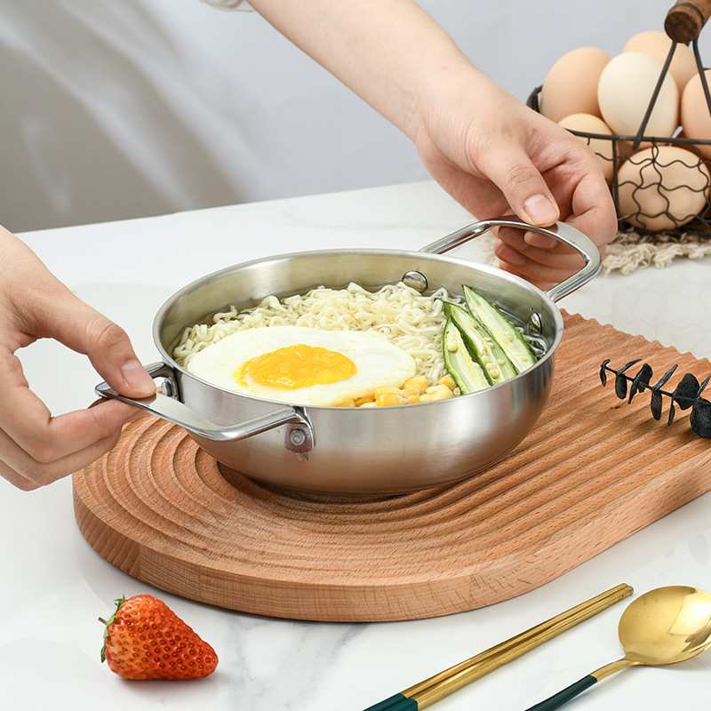 Olla para mariscos estilo coreano, olla para sopa de acero inoxidable, olla dorada para ramen, olla para fideos instantáneos, olla doméstica de cocina con doble asa, mini olla caliente estilo militar.