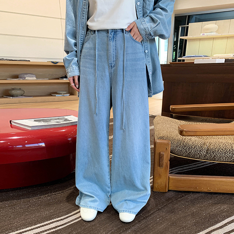 Moxi Thirteen Lines Women's Clothing 2026 Spring New Light Blue Retro Jeans Women's High Waist Casual Pants Wide Leg Pants