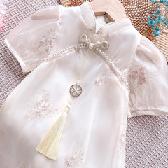 Little Girls' Short Sleeve Dress 2022 New Summer Medium and Small Children French Cheongsam Style Bubblesleeve Princess Dress Trend