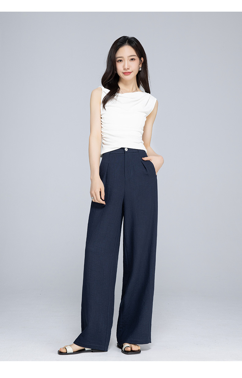 Quần ống rộng cạp cao vải lanh phối tơ mỏng nhẹ mùa hè dáng suông dài chạm đất — Màu xanh lam đậm chi tiết 24