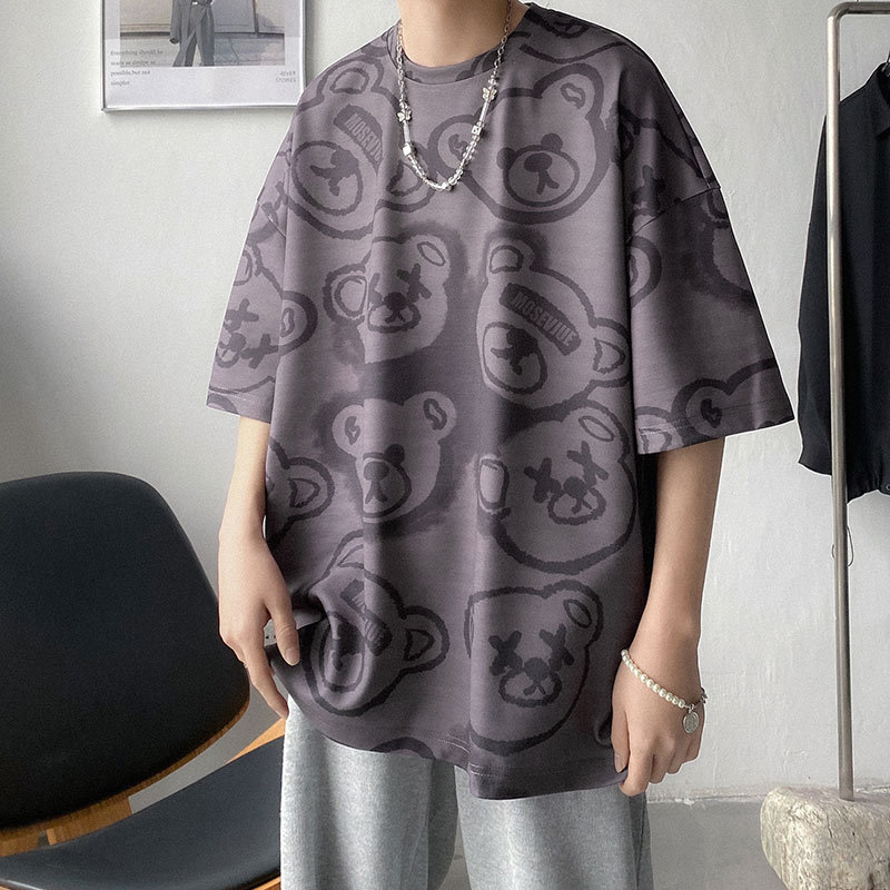 小熊满印短袖T恤男夏季新款网红原宿风潮牌宽松情侣休闲半袖体恤