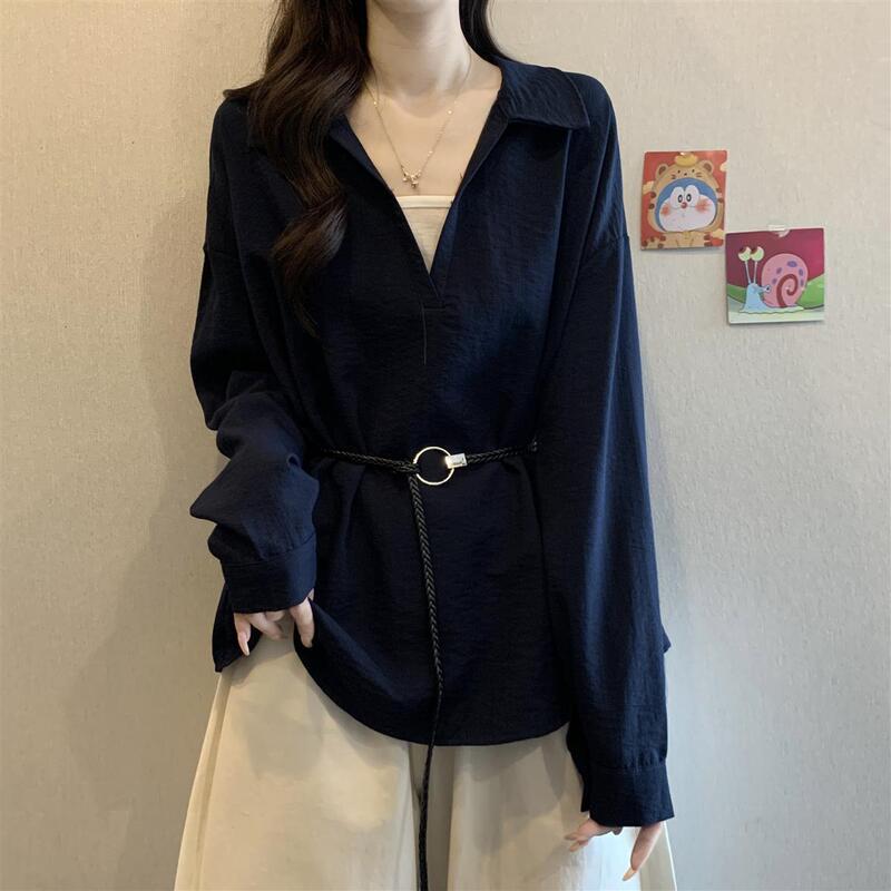 韩系V领正肩长袖衬衫女2025春秋新款通勤百搭遮肚收腰假两件上衣|undefined