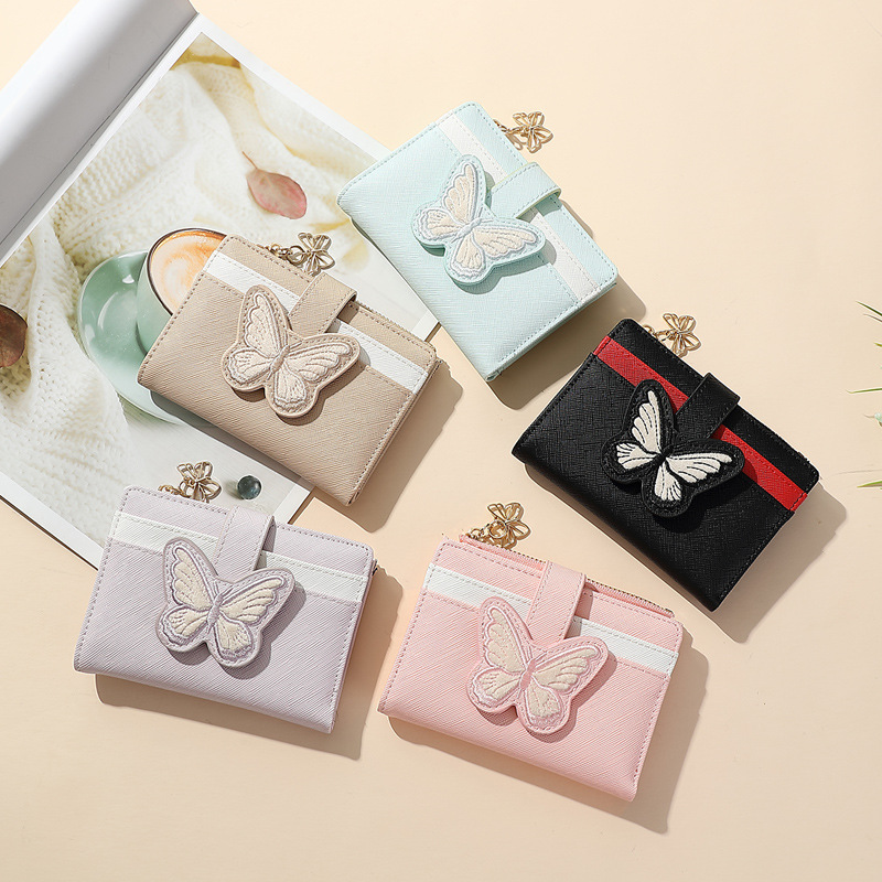 Cartera linda estudiante mujer corta nueva billetera de pajarita de punto PU tres carteras de alta gama plegables mujeres