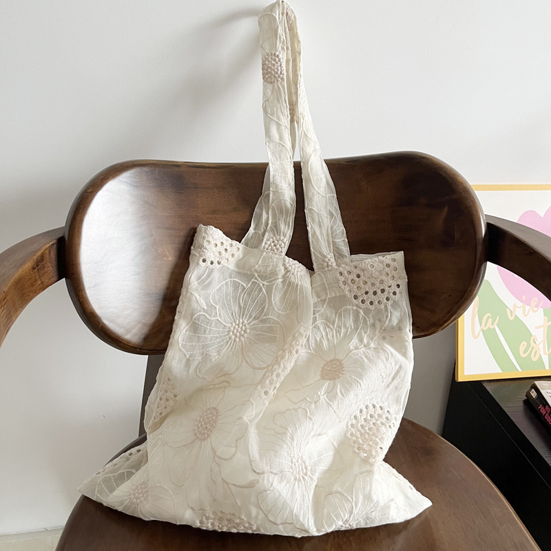 French Artistic Heavy Embroidery Hollow-Out Shoulder Bag Tencel Nylon Fabric Bag Romantic Elegant Women's Semi-Transparent Bag