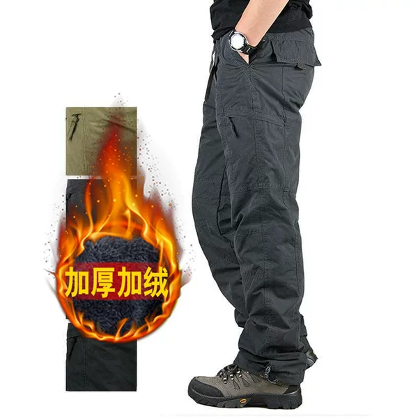 Winter fleece-lined thickened overalls men's outdoor warm Men's cotton pants straight plus size multi-pocket casual pants men