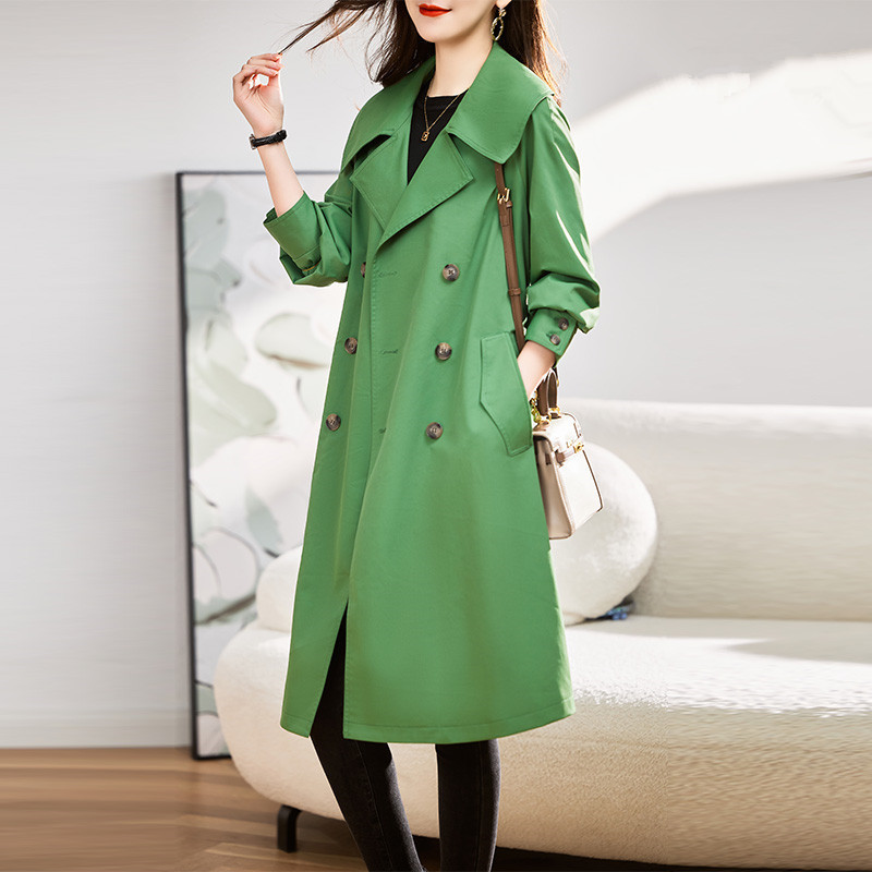 Green Elegant Large Lapel Mid-Length Trench Coat for Women, Spring and Autumn 2026 New Style, Slim Fit, Double-Breasted, Casual Green Elegant Large Lapel Mid-Length Trench Coat for Women, Spring and Autumn 2026 New Style, Slim Fit, Double-Breasted, Casual