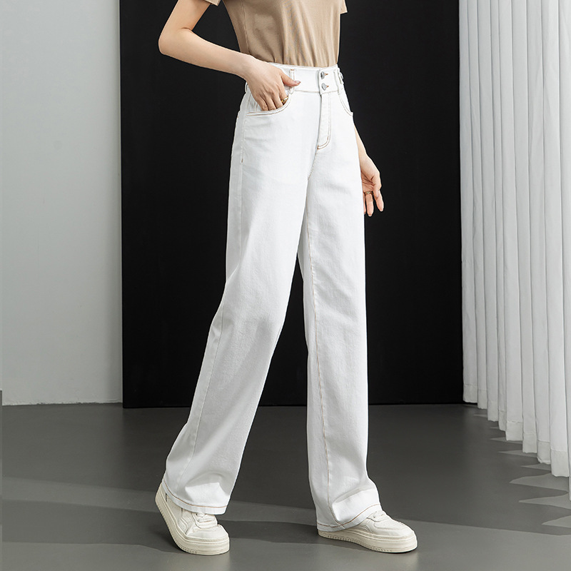 Women's Jeans Summer New Style Off-White Denim Pants Loose Straight High-Waisted French-Style Drapey Wide-Leg Pants 20125