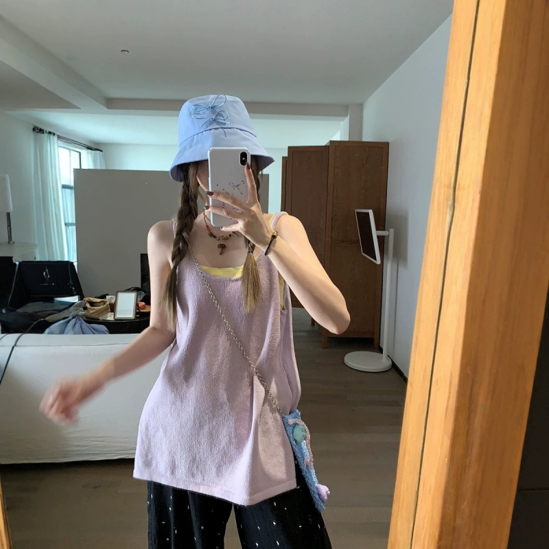 2026 Summer Purple Knitted Vest for Women, Summer Layered Sleeveless Top, Slimming Lazy Style Casual Pants Set