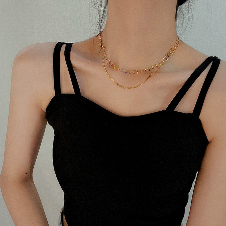 Sweet Water Droplets Titanium Steel Tassel Chain Zircon Necklace 1 Piece