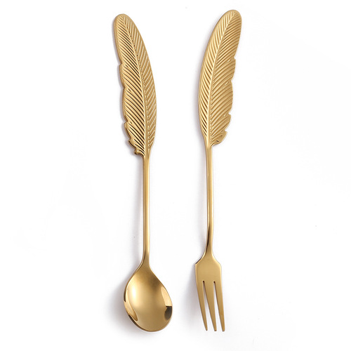 Q Feather Spoon, Gold 304 Stainless Steel Fruit Fork, Artistic Small Spoon Serving Spatula Creative Tableware Colorful Down Spoon
