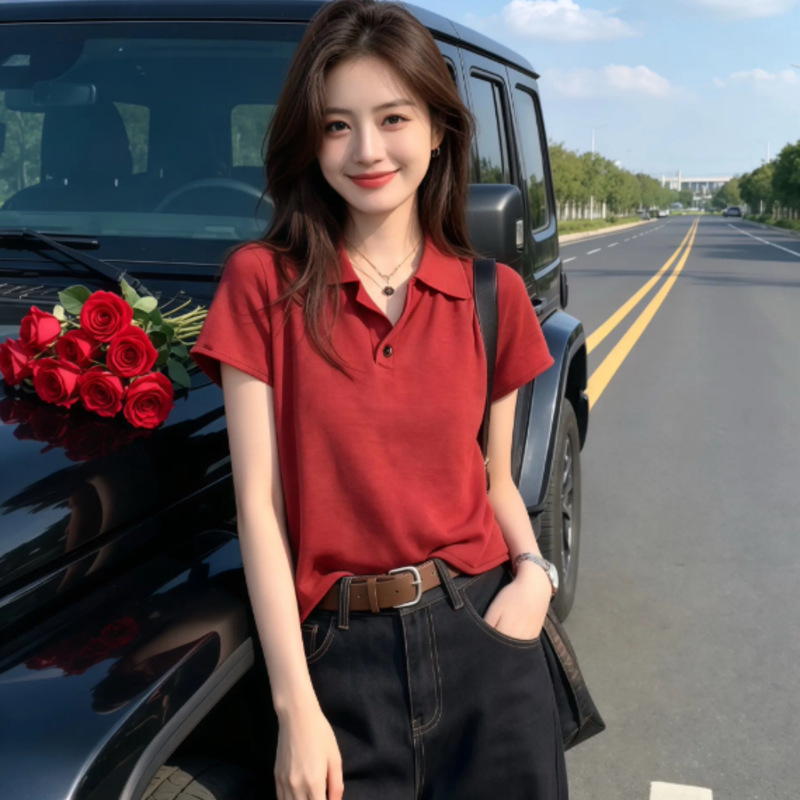 Polo Collar Red Rolled-Edge Short-Sleeve Knit Shirt for Women, 2026 New Summer Thin Style T-Shirt, Simple Slim-Fit Top Polo Collar Red Rolled-Edge Short-Sleeve Knit Shirt for Women, 2026 New Summer Thin Style T-Shirt, Simple Slim-Fit Top