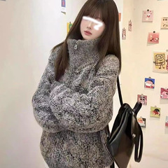 美式慵懒风灰色针织开衫毛衣女秋冬复古潮范宽松立领拉链上衣外套
