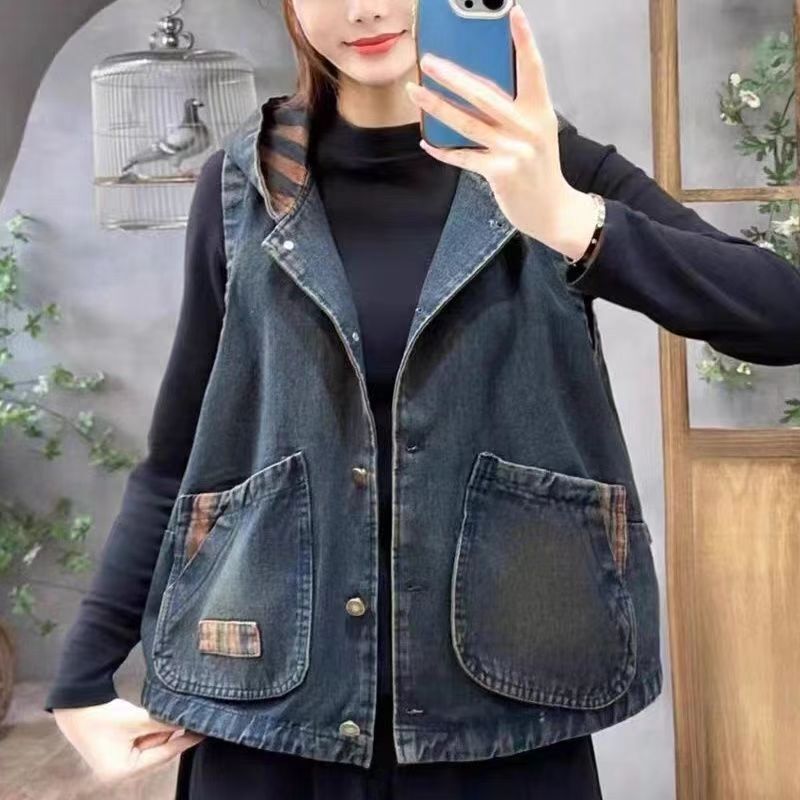 2025 Spring New Hooded Denim Vest Women's Large Pocket Slim Vest Casual Short Cardigan Top Tops 2025 Spring New Hooded Denim Vest Women's Large Pocket Slim Vest Casual Short Cardigan Top Tops