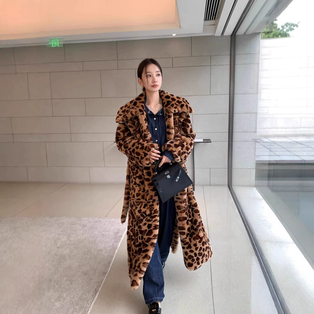 Трансграничное европейско-американское пальто из искусственного меха на осень-зиму 2025 года, с леопардовым принтом, плюшевое, удлиненное, ниже колена, плащ-тренч, женская верхняя одежда