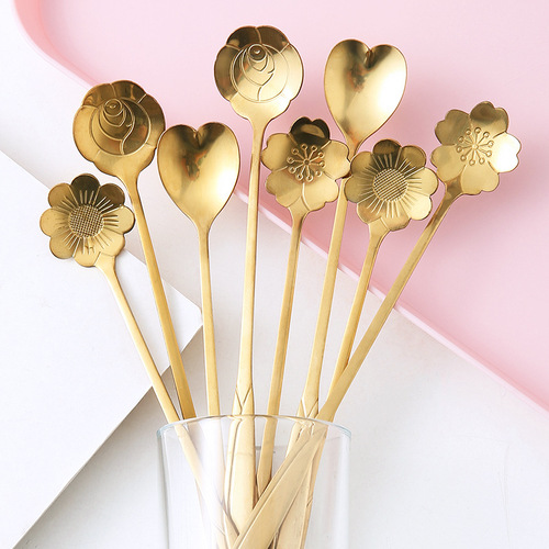 Stainless steel long-handled mixing spoon small spoon seasoning coffee spoon extended creative ice spoon dessert honey petal spoon