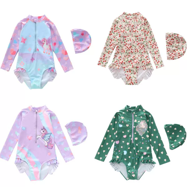 Clearance New Style Swim Caps, Children's Swimsuits, Girls' One-Piece Swimsuits, Long-Sleeve Swimwear for Girls in Small, Medium, and Large Sizes
