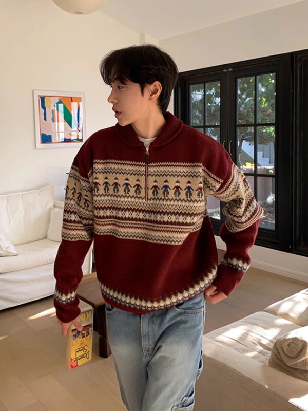 Autumn and Winter New Korean Style High-end Lapel Long-sleeved Half-zipper Knitted Sweater Top Men's Loose American Style Retro