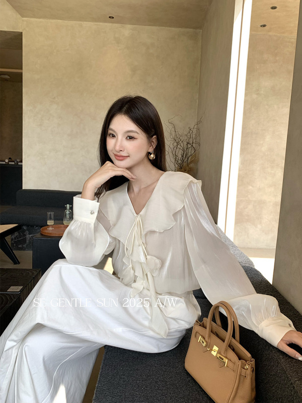 秀熙熙2025秋季白标显瘦气质百搭荷叶V领雪纺上衣长袖小衫女89573|undefined