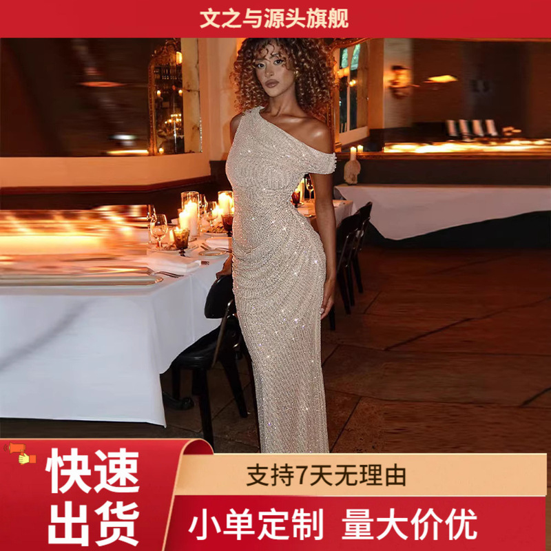 Cross-Border One-Shoulder Sequin Slim-Fit Bodycon Ruched Waist Long Gown Dress Women's Summer Light Luxury High-End Style Cross-Border One-Shoulder Sequin Slim-Fit Bodycon Ruched Waist Long Gown Dress Women's Summer Light Luxury High-End Style