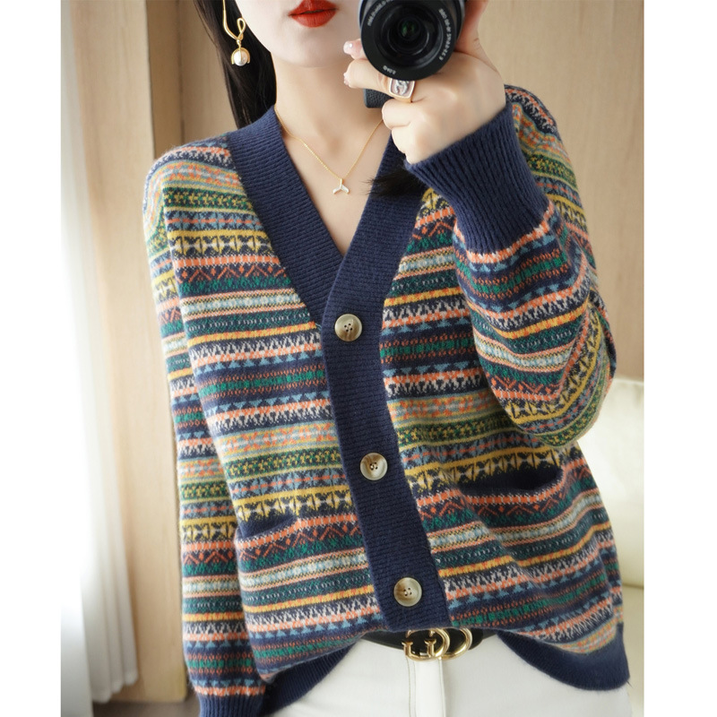 Autumn and winter New striped wool cardigan women's retro color matching loose plus size thick sweater sweater V-neck coat