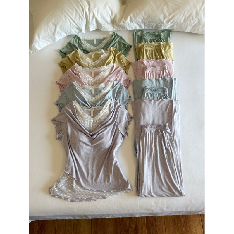 New Style Women's Summer Pajamas with a French-Style Swing Collar, Chest Pads, Modal Rayon, Pure Desire Style, Slightly Flared Long Pants, Loungewear