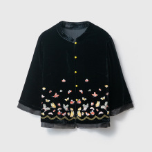 真丝丝绒上衣重工刺绣立领新中式长袖开衫外套下摆拼接欧根纱秋