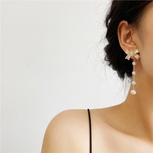 S925银针新品韩国东大门蝴蝶结流苏珍珠长款气质简约设计耳钉耳饰