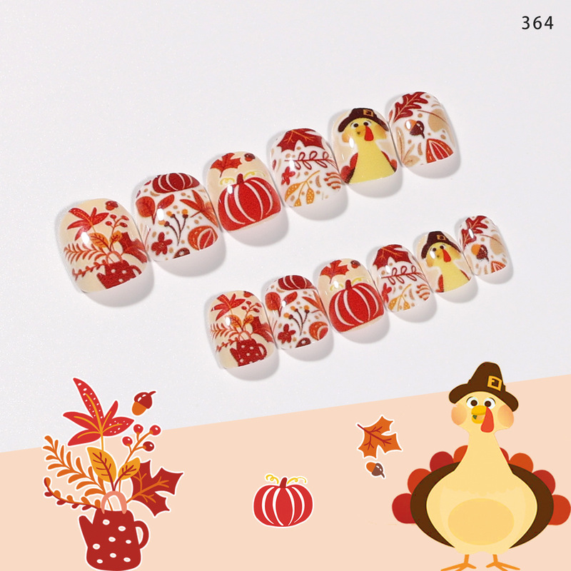 Cartoon children's DIY wear nail piece 24 pieces removable with adhesive Thanksgiving Turkey fake nail patch