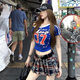 American Style Street Hot Girl Personalized Printed Slant Shoulder Short Cropped Short-sleeved T-shirt Women's Summer Slim-fit Short-sleeved Top for Women T