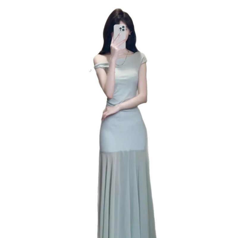 2025 新しい夏のオフショルダーメッシュドレス女性のためのグリーン新鮮なハイエンド気質スリムヒップスカートロングスカート|undefined