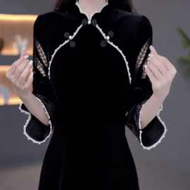 高档天丝绒新中式气质改良旗袍裙2025秋季新款古风遮肚显瘦连衣裙