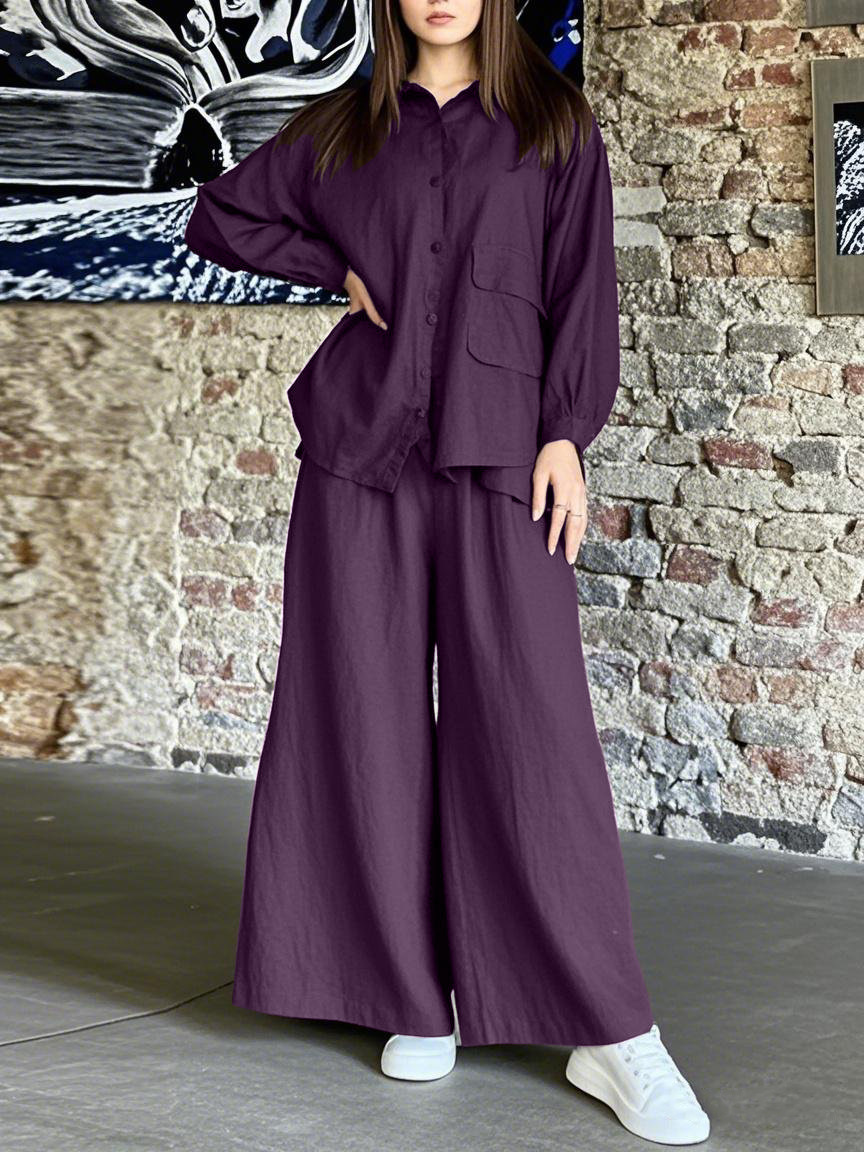 Ensemble chemise oversize en coton et pantalon large – Tenue minimaliste vintage euro-américaine (S-5XL, 7 couleurs, indispensable du bureau au week-end)_voghion.com