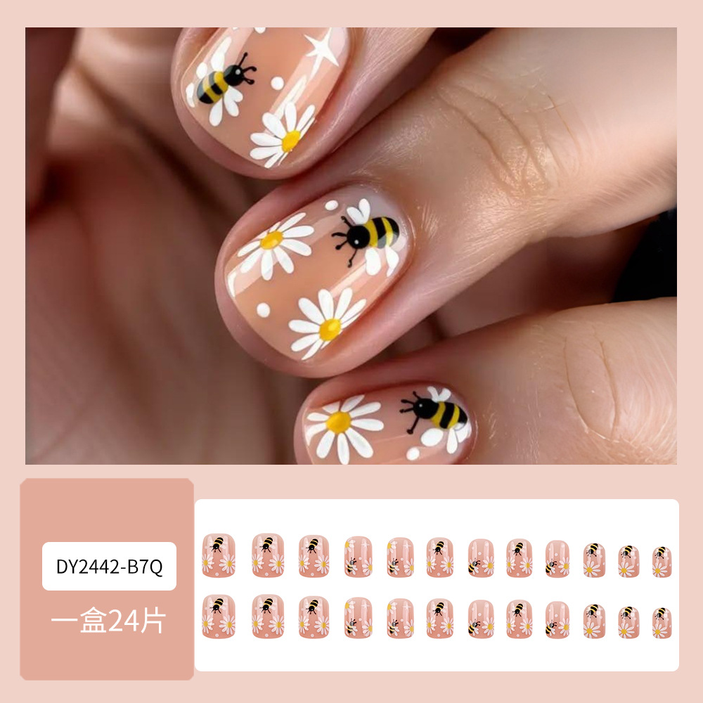 Flores de abeja de verano, uñas frescas, 24 piezas de polvo desnudo, uñas falsas transfronterizas, lotes mixtos.