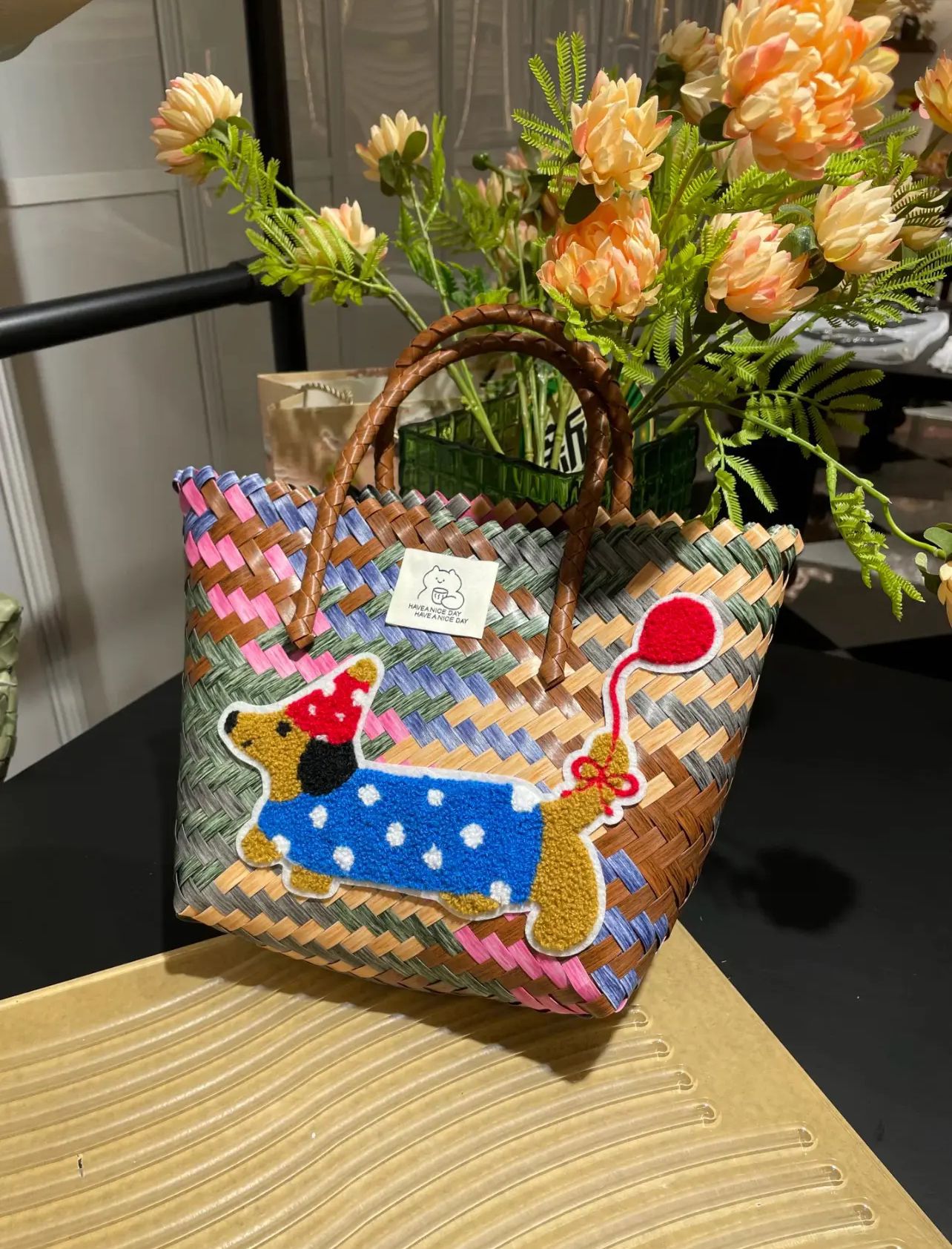 Storage Basket Bag, Rattan Handbag, Woven Shoulder Bag, Handmade Natural Rattan & Seagrass, Leather Trim, Eco-Friendly, Lightweight, Durable For Daily_voghion.com