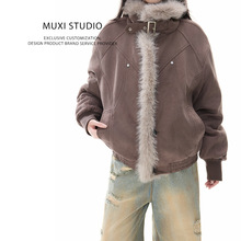 MUXI女装 美式复古座山雕毛领棉服外套女秋季中性高级感毛绒百搭