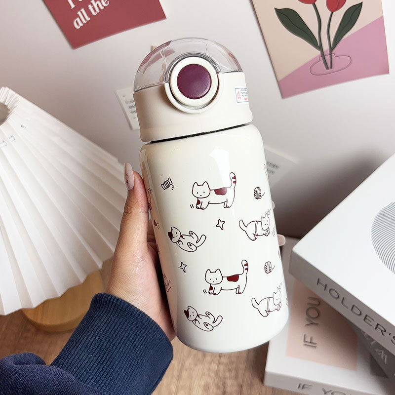 Taza termo de gatito simple, linda chica de alto valor, taza de sorbente para estudiantes, taza para beber doble de acero inoxidable 316 para niños