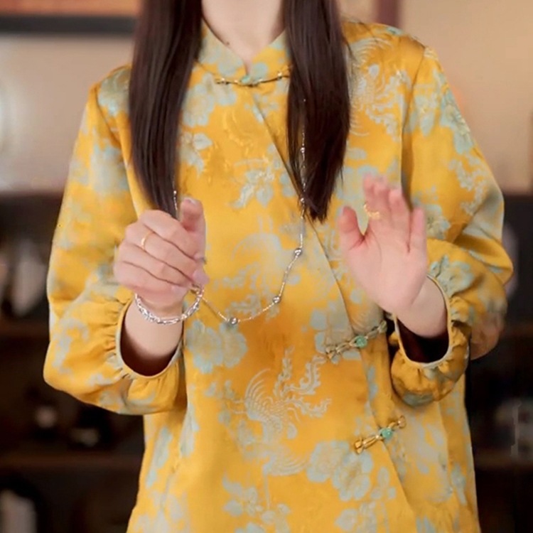 新中式国风立领衬衫女2025早秋新款高级感洋气七分袖衬衣碎花上衣|undefined