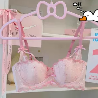 日系学生小粉糖粉红暴击内衣女小胸聚拢文胸蕾丝无钢圈薄款胸罩女