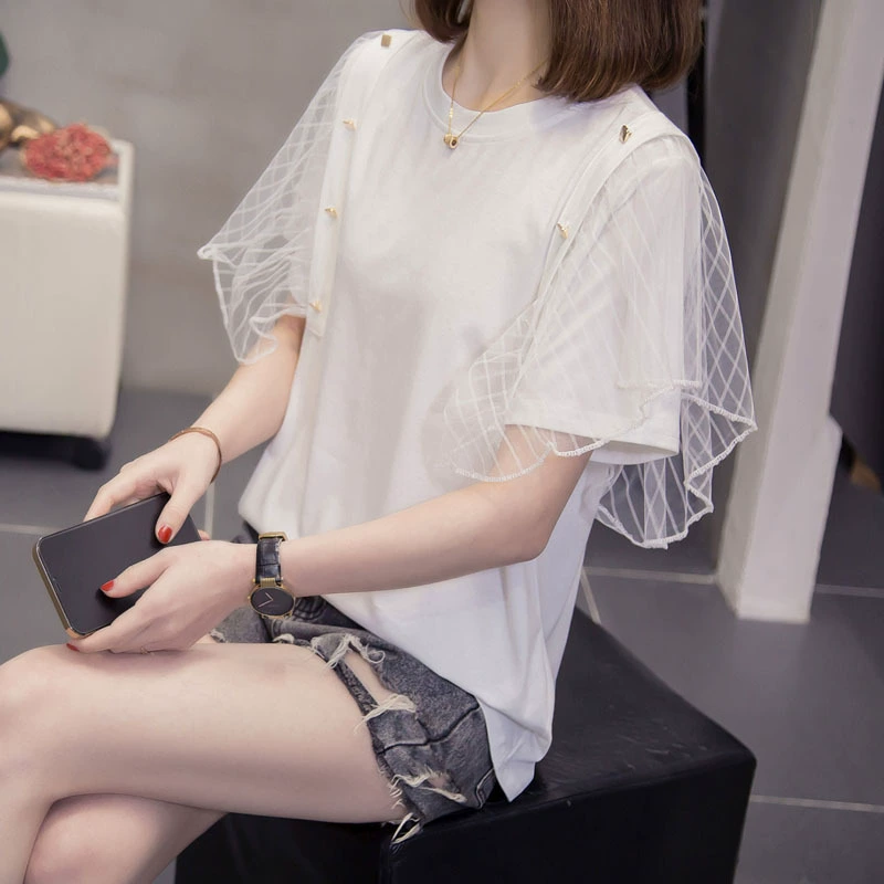 Фактический снимок новой летней одежды 2025 года, женская одежда больших размеров, тонкая и свободная кружевная футболка с короткими рукавами для полных девушек, мода 100kg года.