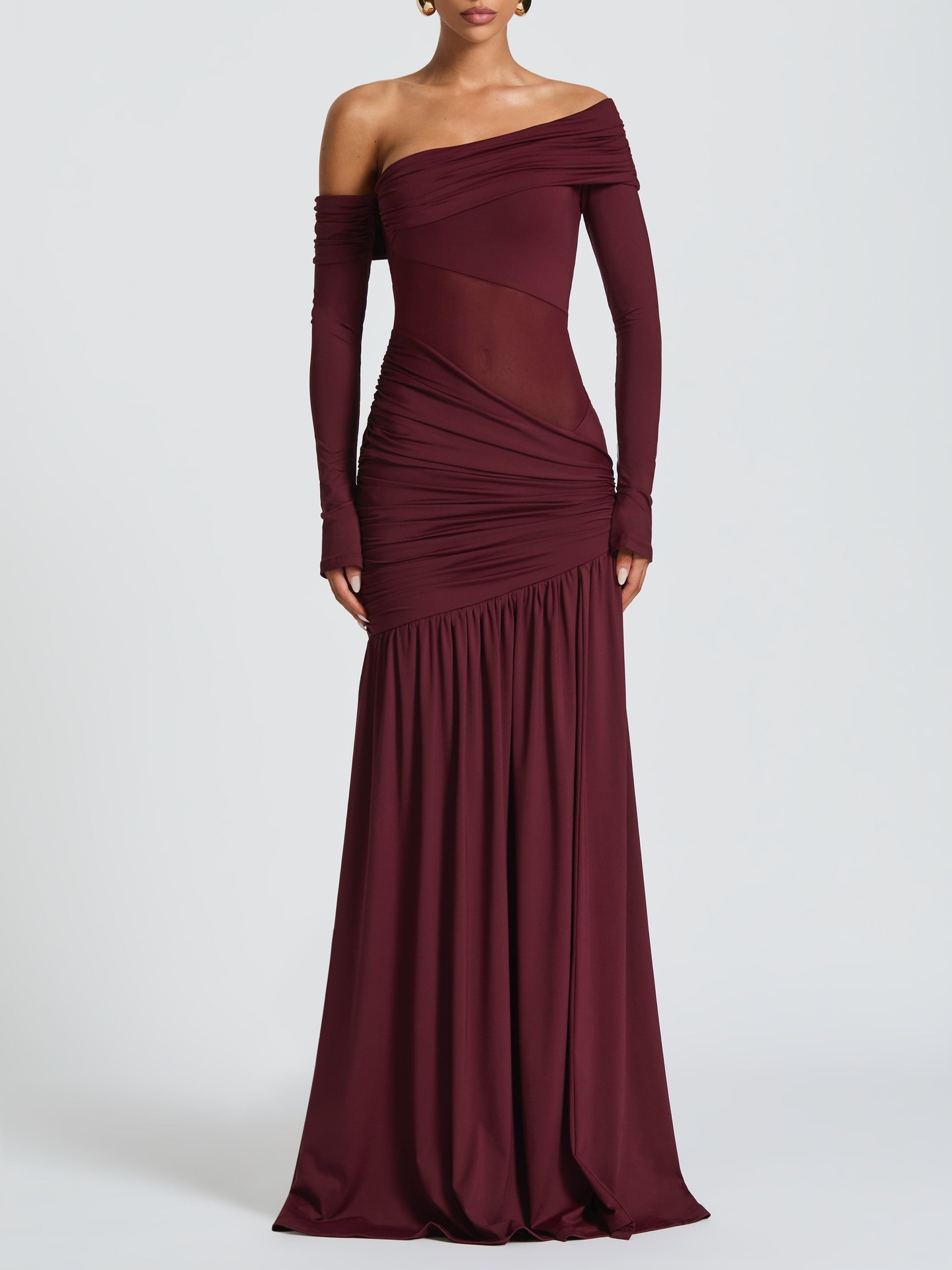 Trendy Elegant Women's One Shoulder Dress Waist Cinched Pleated Split Hem High Waist Slim Summer Spring Fashion Dress_ecoleips.com