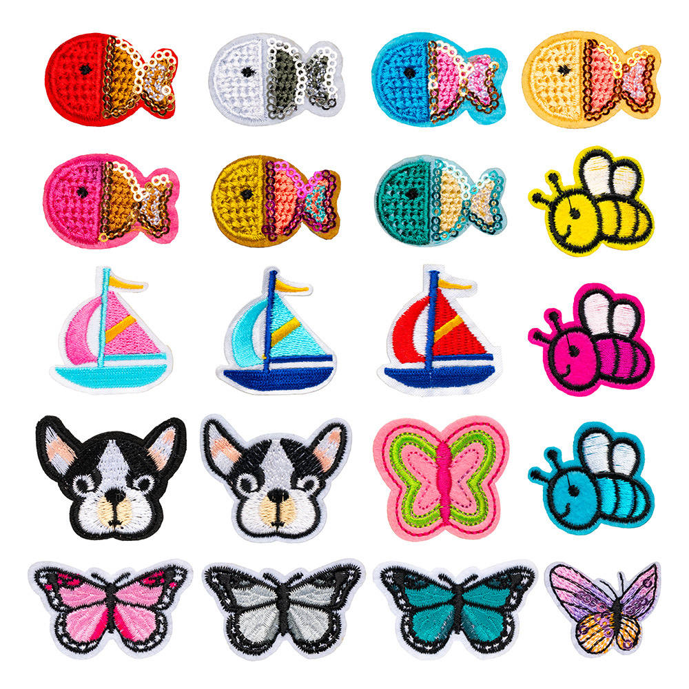 Bordado por computadora de tamaño pequeño, abeja, mariposa, pez, velero, bordado, pegatinas de tela, ropa sin costura, parches rotos, accesorios de ropa