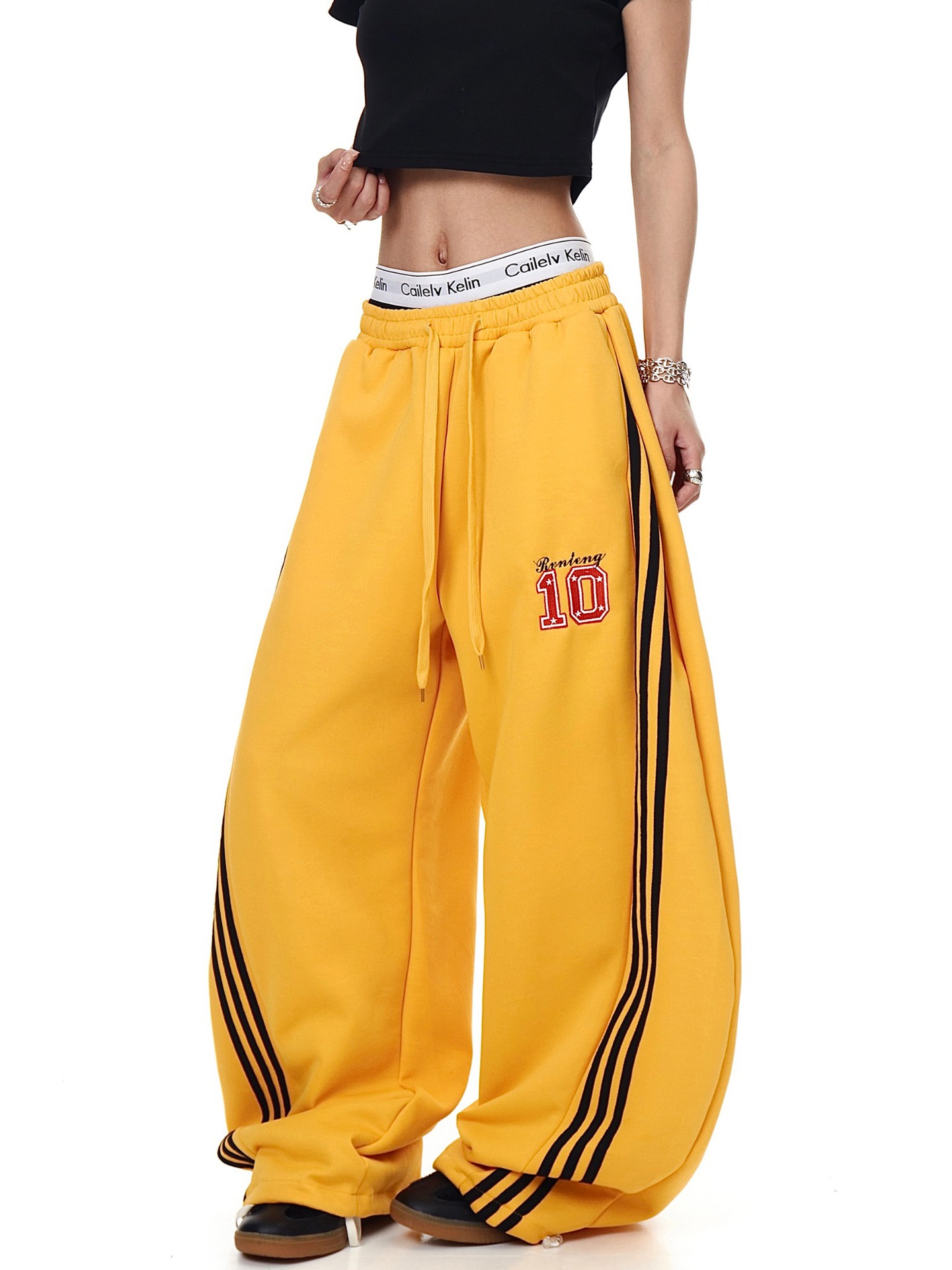 American High Street Style Striped Banana-Shaped Wide-Leg Sweatpants with Letter Embroidery, Loose Straight Wide-Leg Long Pants