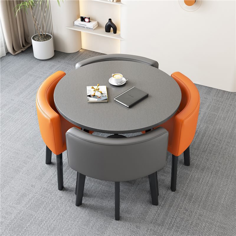 [Factory] 80 gray round table 2 orange 2 gray leather chairs