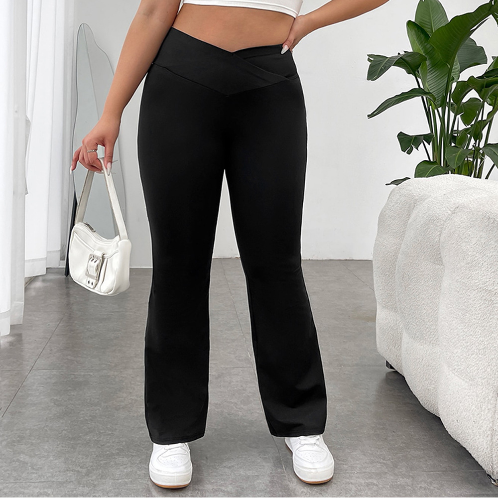 Plus-Size High-Waisted Flared Pants – V-Shape Butt-Lifting Wide Leg Lounge Pants For Women (Black, 1XL-3XL)_voghion.com