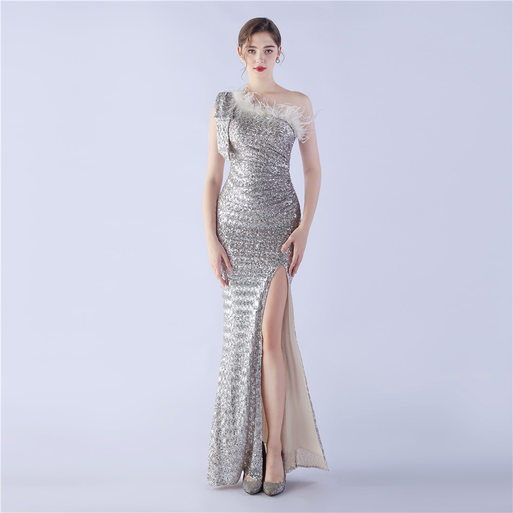 31329 # High-End Sequin One-Shoulder Evening Dress with Foreign Trade Spot Craft Flowers and Ostrich Feathers