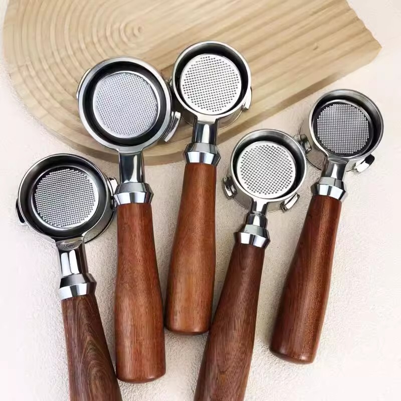 Household coffee machine modified bottomless handle 54mm stainless steel 304 three-ear platinum rich model with wood plastic handle