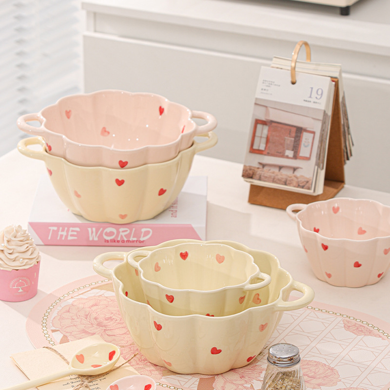 French Household Double-Eared Ceramic Soup Bowl Ins Cream Style Yogurt Bowl Dessert Salad Bowl Wholesale Rice Bowl